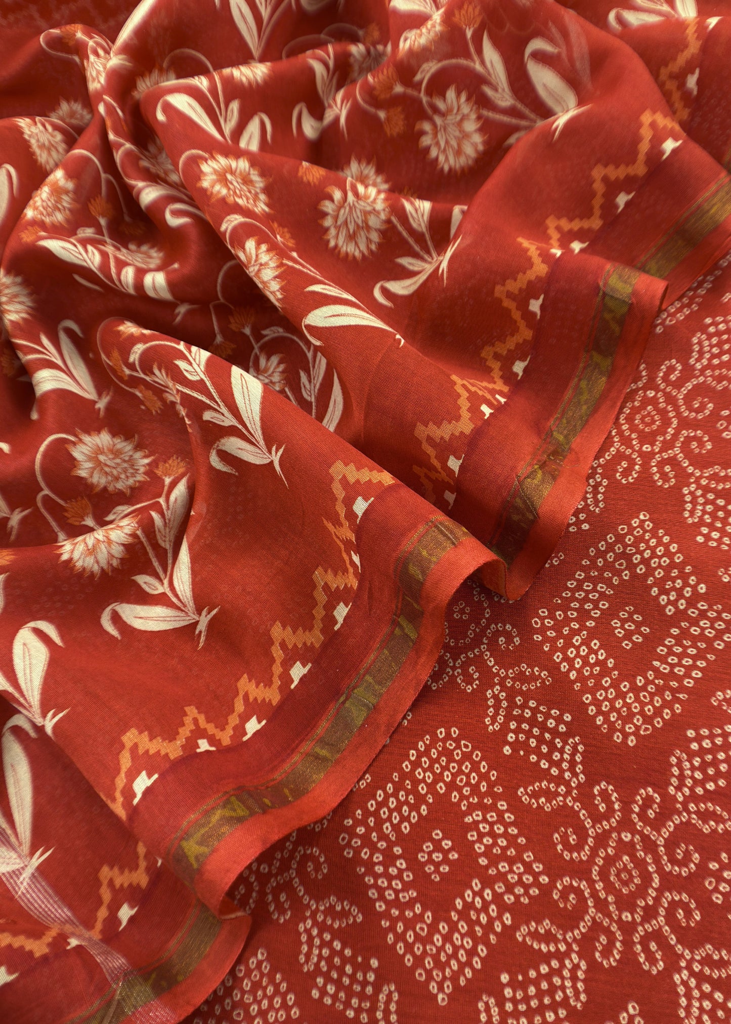 Orange Block Print Handloom Maheshwari Silk Suit Fabric