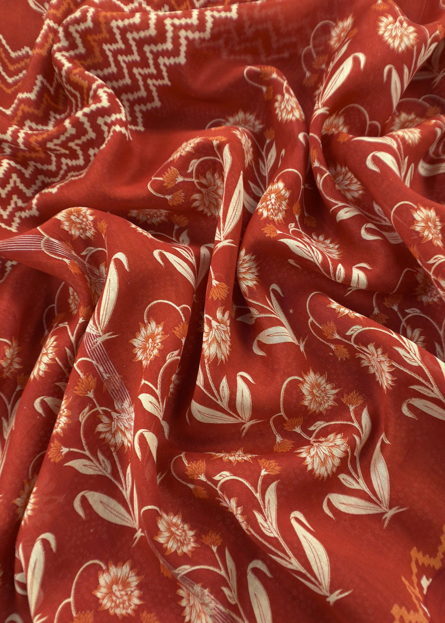 Orange Block Print Handloom Maheshwari Silk Suit Fabric