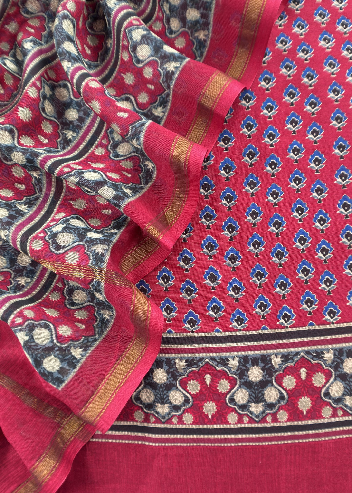 Red Ajrakh Blockprint Handloom Maheshwari Silk Suit Fabric