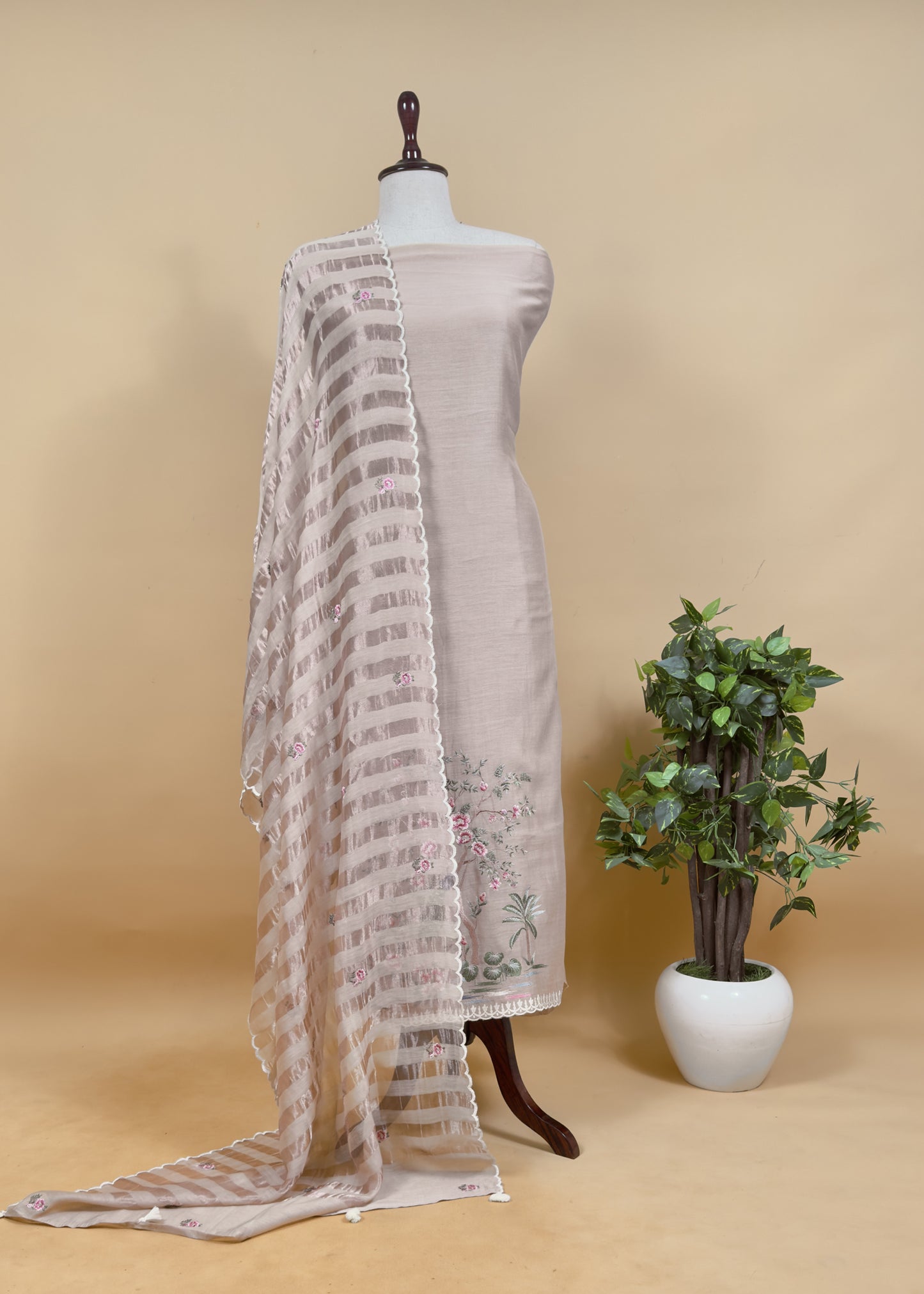 Almond beige Handloom Mul Suit with Peacock Resham Bharwa Embroidery