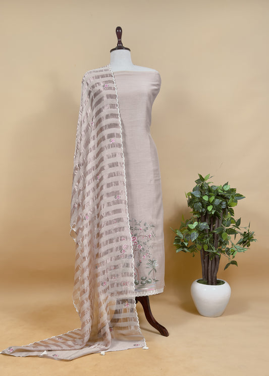 Almond beige Handloom Mul Suit with Peacock Resham Bharwa Embroidery