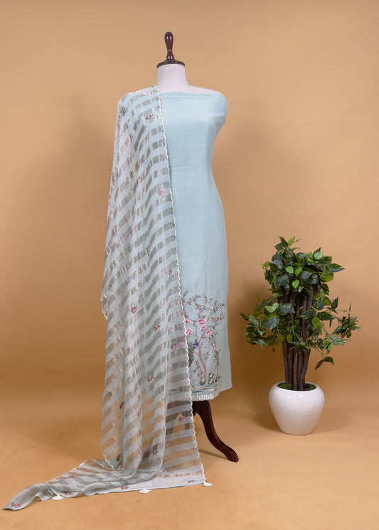 Light Blue Handloom Mul Suit With Peacock Resham Bharwa Embroidery