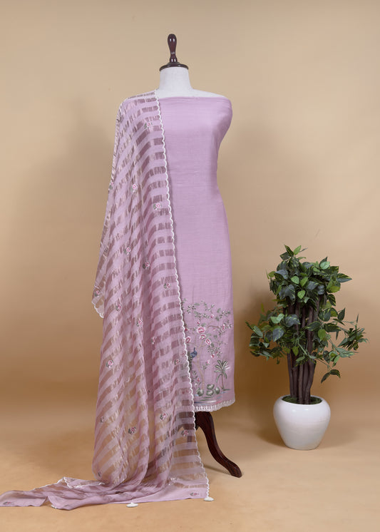 Baby Pink Handloom Mul Suit With Peacock Resham Bharwa Embroidery