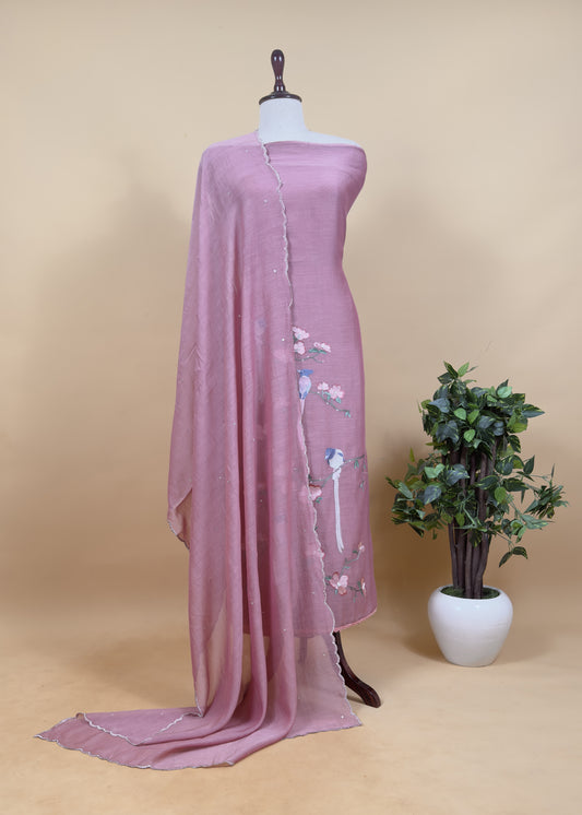 Dusty Pink Pure Mul Parrot Suit With Resham Embroidery, Sequins And Pearls