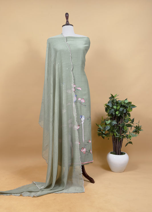 Green Pure Mul Parrot Suit With Resham Embroidery, Sequins And Pearls