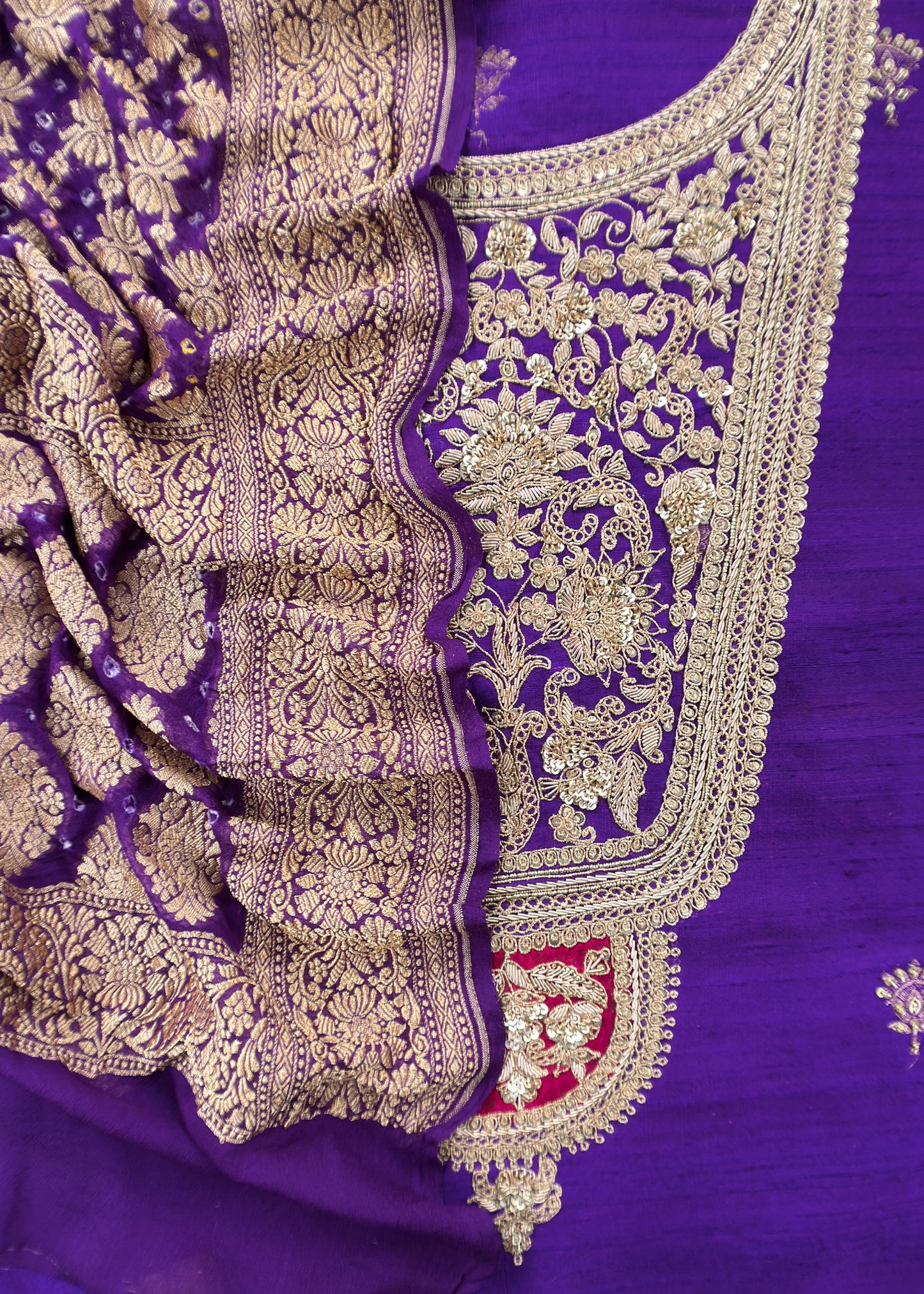 Royal Purple Handloom Raw Silk Kurta and Pure Bandhani Georgette Khaddi Gharchola dupatta with Handwork