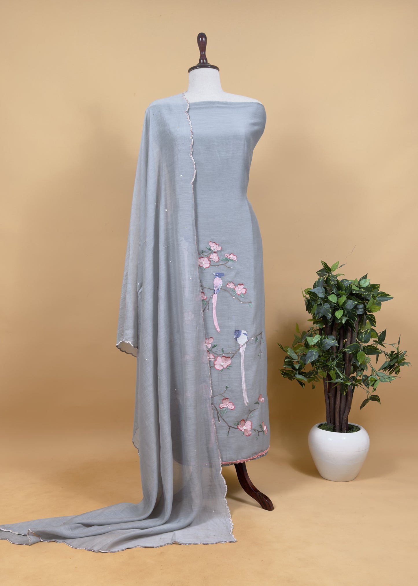Bluish Gray Pure Mul Parrot Suit With Resham Embroidery, Sequins And Pearls