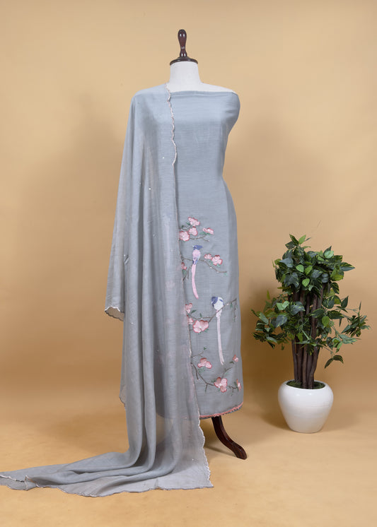 Bluish Gray Pure Mul Parrot Suit With Resham Embroidery, Sequins And Pearls