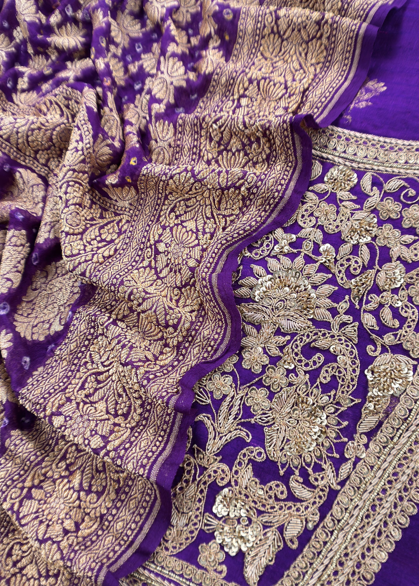 Royal Purple Handloom Raw Silk Kurta and Pure Bandhani Georgette Khaddi Gharchola dupatta with Handwork