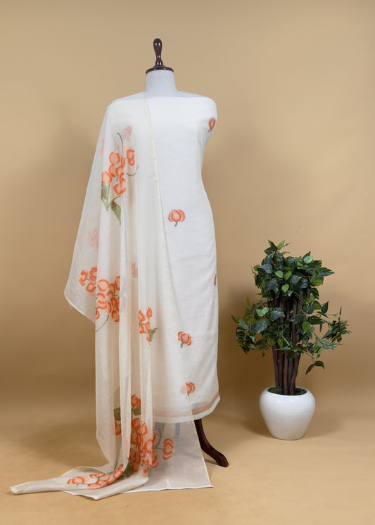 Off White Jamdani Suit With Orange Daffodil In Linen Chanderi Fabric