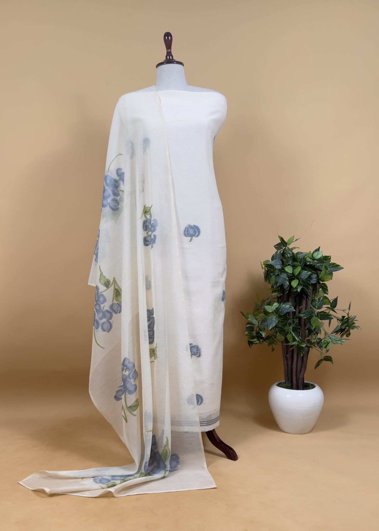 Off White Jamdani Suit With Pink Daffodil In Linen Chanderi Fabric