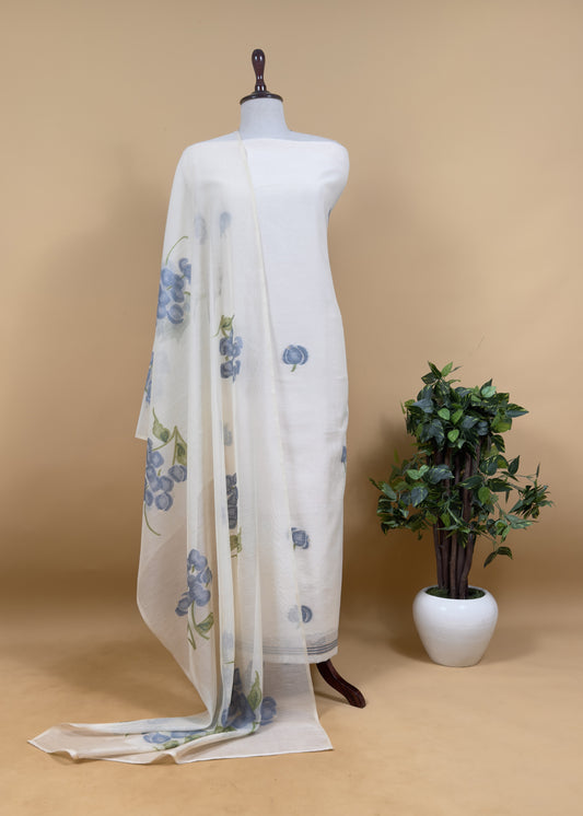 Off White Jamdani Suit With Blue Daffodil In Linen Chanderi Fabric
