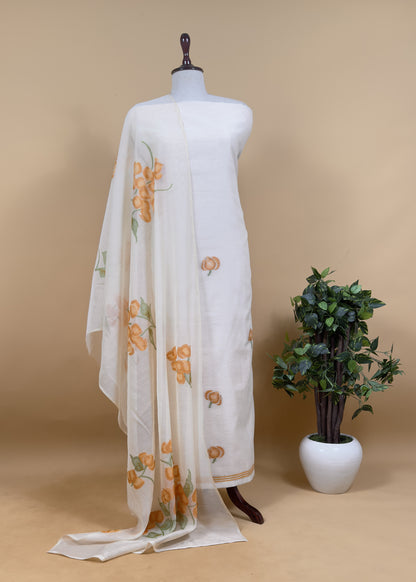 Off White Jamdani Suit With Blue Daffodil In Linen Chanderi Fabric