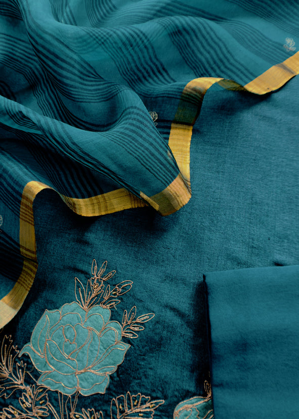 Sahiba 2025 Deep Sea Green Handloom Desi Tussar Kurta With Pitta And Appliqué Work And Handwoven Tissue Dupatta