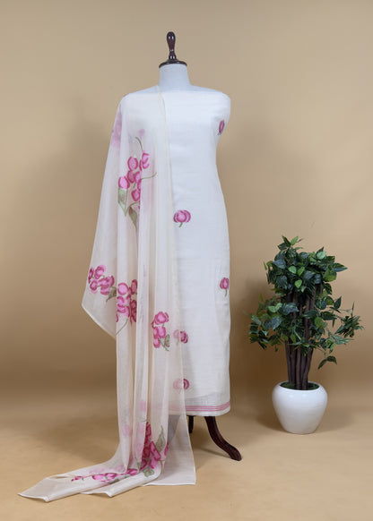 Off White Jamdani Suit With Blue Daffodil In Linen Chanderi Fabric
