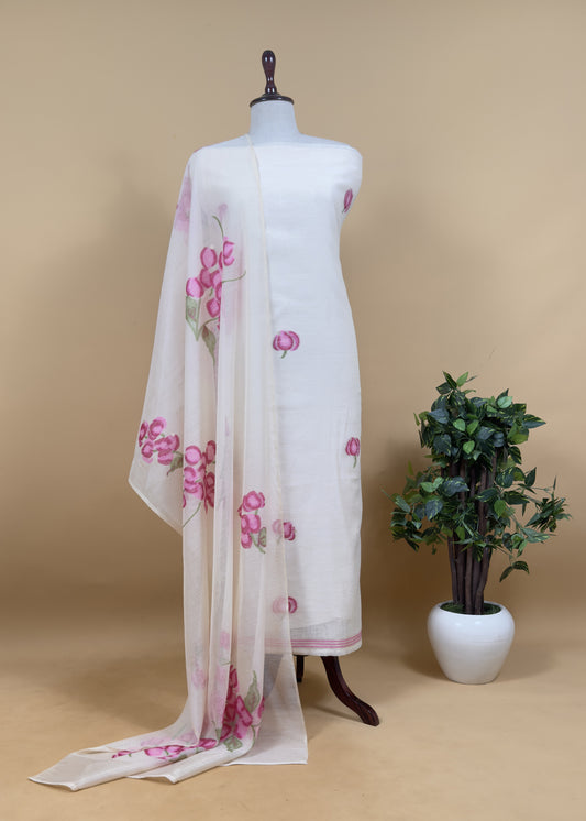Off White Jamdani Suit With Pink Daffodil In Linen Chanderi Fabric
