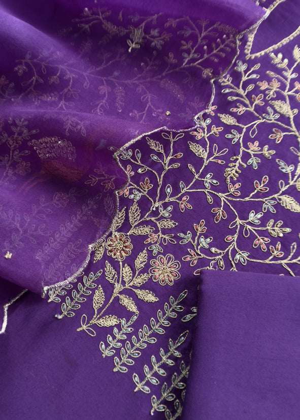 Royal Purple Handwoven Silk Kurta And Kora Silk Dupatta With Dori Embroidery