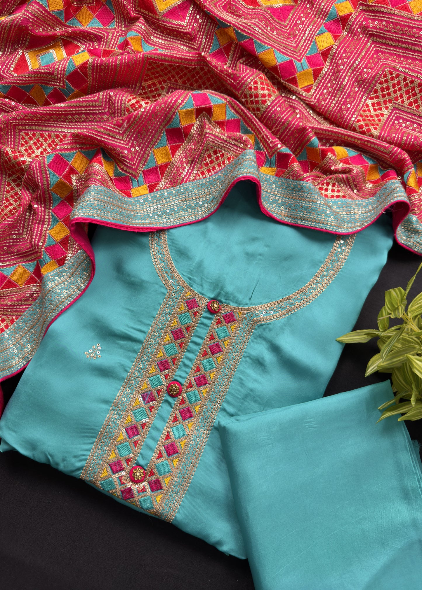 Blue Satin Silk With Phulkari Dupatta.