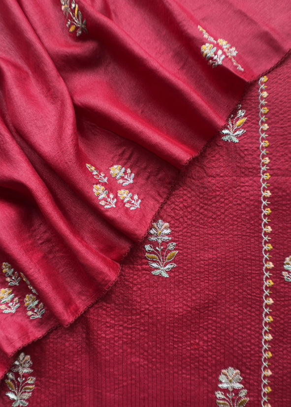 Sahiba 2025 Sangria Red Pintuck Handloom Desi Tussar Suit with Zardosi and Resham Embroidery
