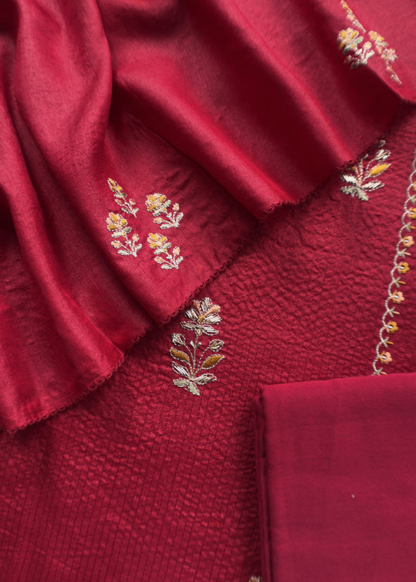 Sahiba 2025 Sangria Red Pintuck Handloom Desi Tussar Suit with Zardosi and Resham Embroidery
