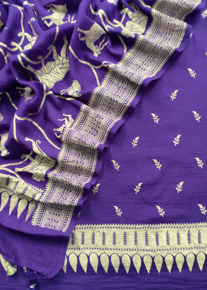 Kalasheel Luxe Purple Handloom Munga Silk Suit With Shikagarh Gold Weaving