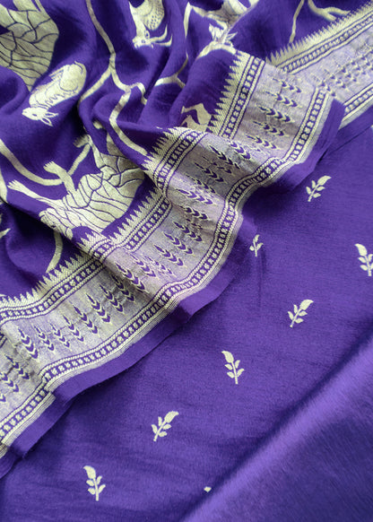 Kalasheel Luxe Purple Handloom Munga Silk Suit With Shikagarh Gold Weaving