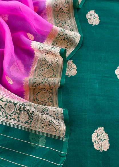 Bottle Green Handloom Kadwa Weaves Kora Silk Kurta And Contrast Dupatta