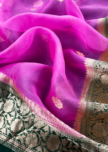 Bottle Green Handloom Kadwa Weaves Kora Silk Kurta And Contrast Dupatta