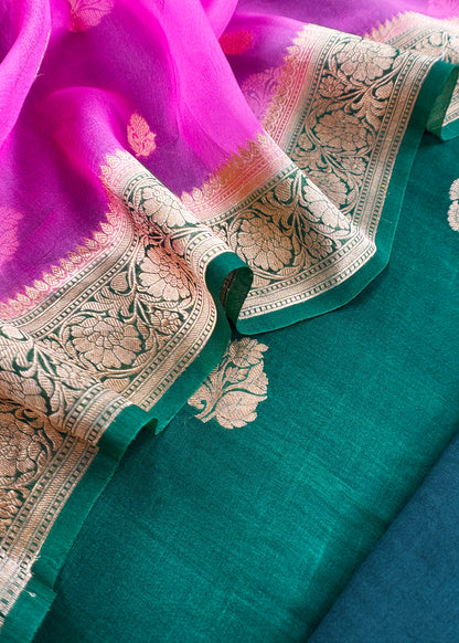 Bottle Green Handloom Kadwa Weaves Kora Silk Kurta And Contrast Dupatta