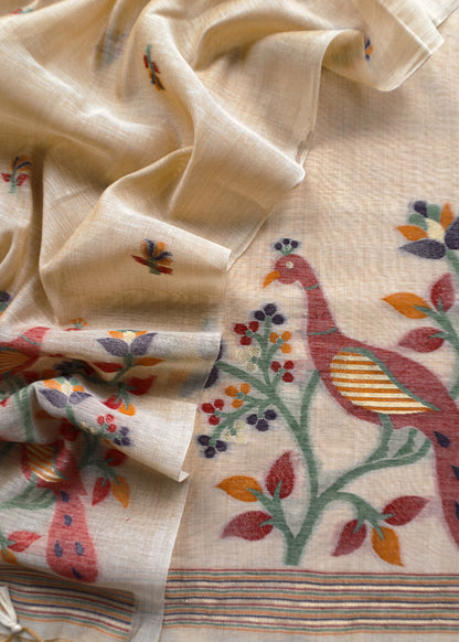 Beige Linen Chanderi Unstitched Suit With Jamdani Weaving