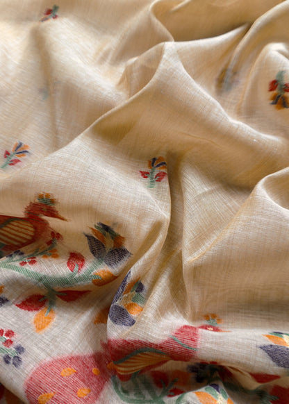 Beige Linen Chanderi Unstitched Suit With Jamdani Weaving