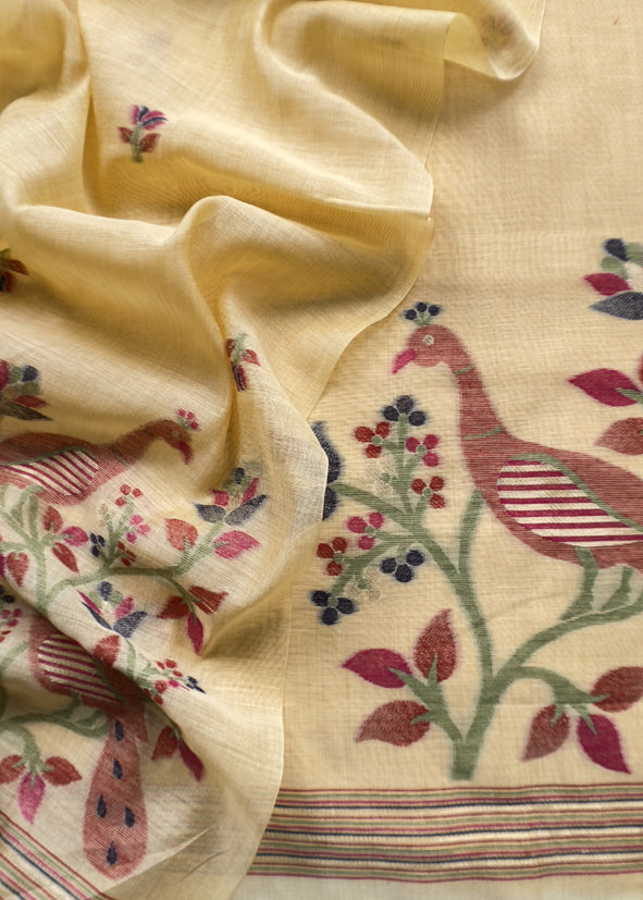 Yellow Linen Chanderi Unstitched Suit With Jamdani Weaving