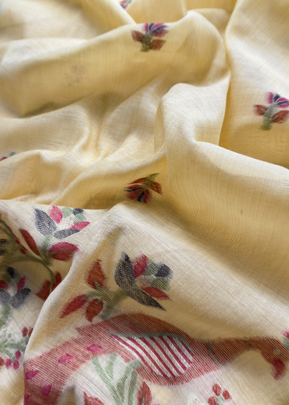 Yellow Linen Chanderi Unstitched Suit With Jamdani Weaving
