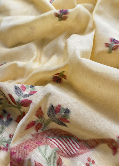 Yellow Linen Chanderi Unstitched Suit With Jamdani Weaving