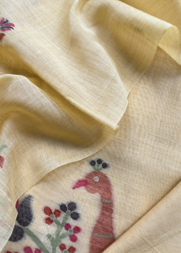 Yellow Linen Chanderi Unstitched Suit With Jamdani Weaving