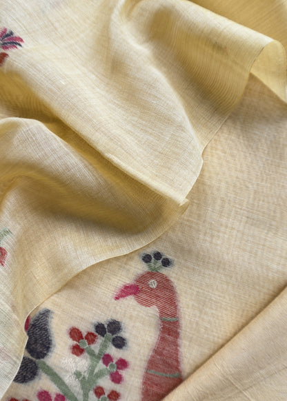 Yellow Linen Chanderi Unstitched Suit With Jamdani Weaving