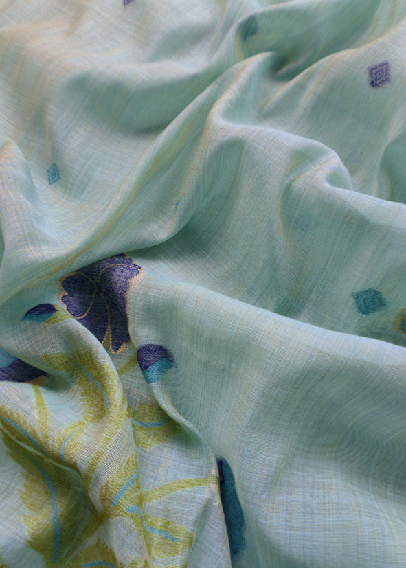 Light Blue Chanderi Dupatta-Suit with Phool Jamdani weaving and gold detailings