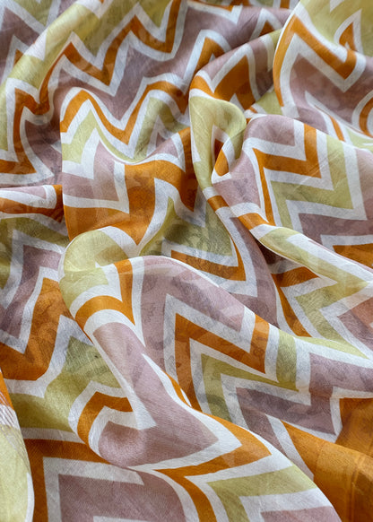 Mustard Gulbahar Pure Maheshwari Silk Unstitched Suit Fabric With Jaipuri Handblock Print