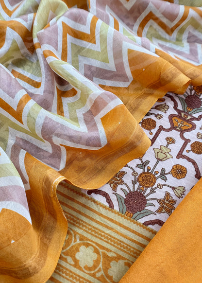Mustard Gulbahar Pure Maheshwari Silk Unstitched Suit Fabric With Jaipuri Handblock Print