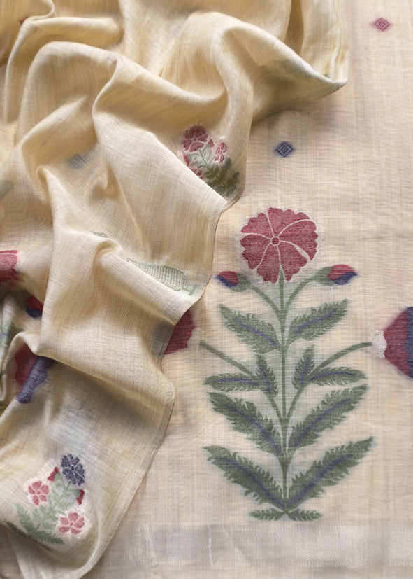 Light Beige Chanderi Dupatta-Suit with Phool Jamdani weaving and gold detailings