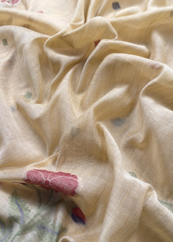 Light Beige Chanderi Dupatta-Suit with Phool Jamdani weaving and gold detailings