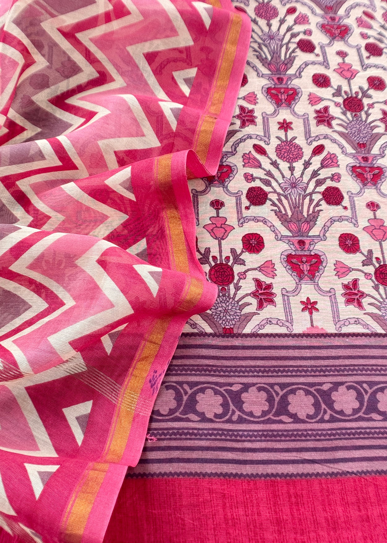 Lavender Gulbahar Pure Maheshwari Silk Unstitched Suit Fabric With Jaipuri Handblock Print