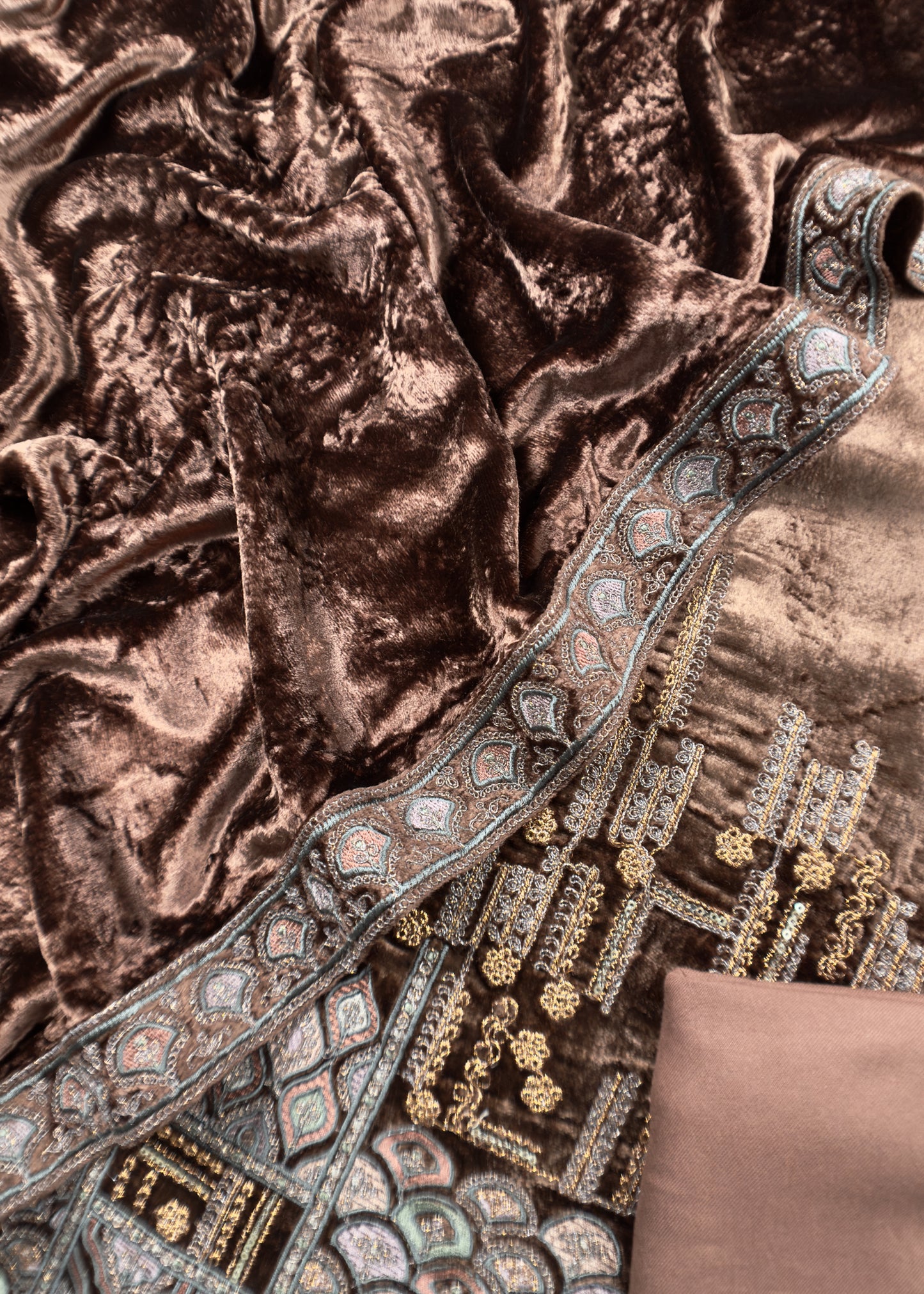 Brown Embroidered Velvet Suit Set