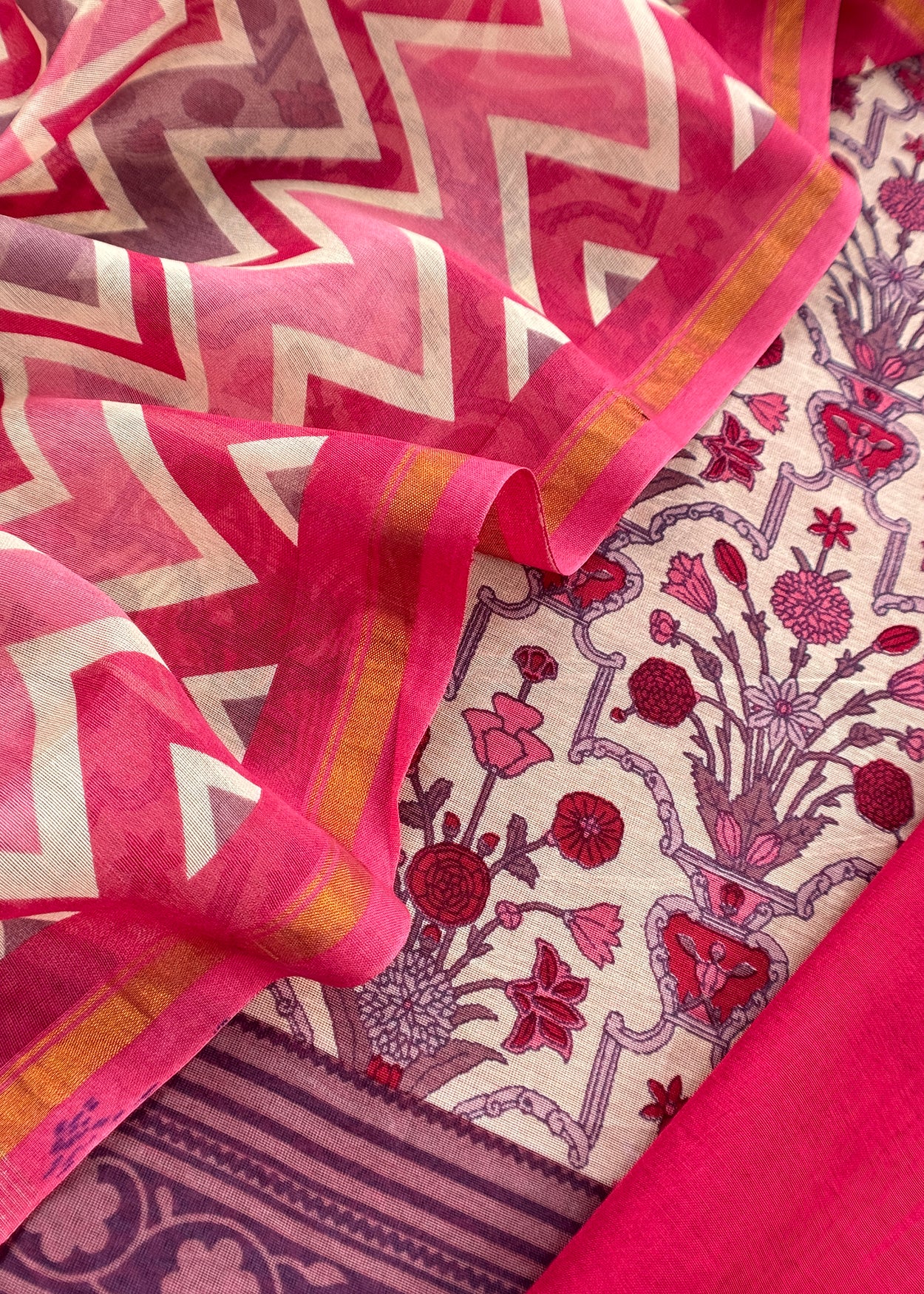 Lavender Gulbahar Pure Maheshwari Silk Unstitched Suit Fabric With Jaipuri Handblock Print