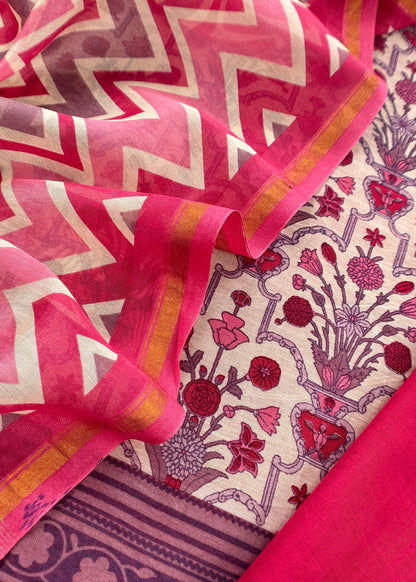 Lavender Gulbahar Pure Maheshwari Silk Unstitched Suit Fabric With Jaipuri Handblock Print