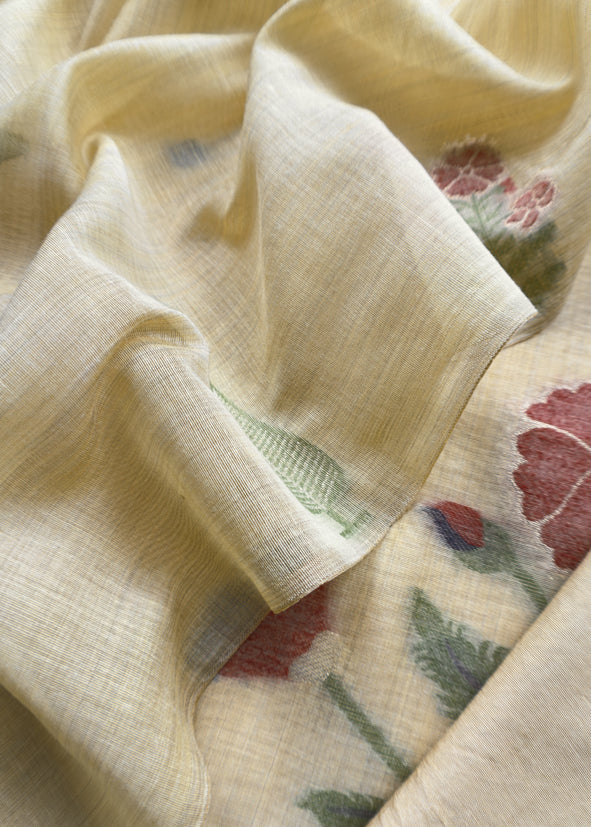 Light Yellow Chanderi Dupatta-Suit with Phool Jamdani weaving and gold detailings