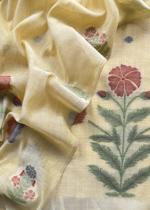 Light Yellow Chanderi Dupatta-Suit with Phool Jamdani weaving and gold detailings