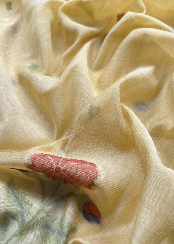 Light Yellow Chanderi Dupatta-Suit with Phool Jamdani weaving and gold detailings