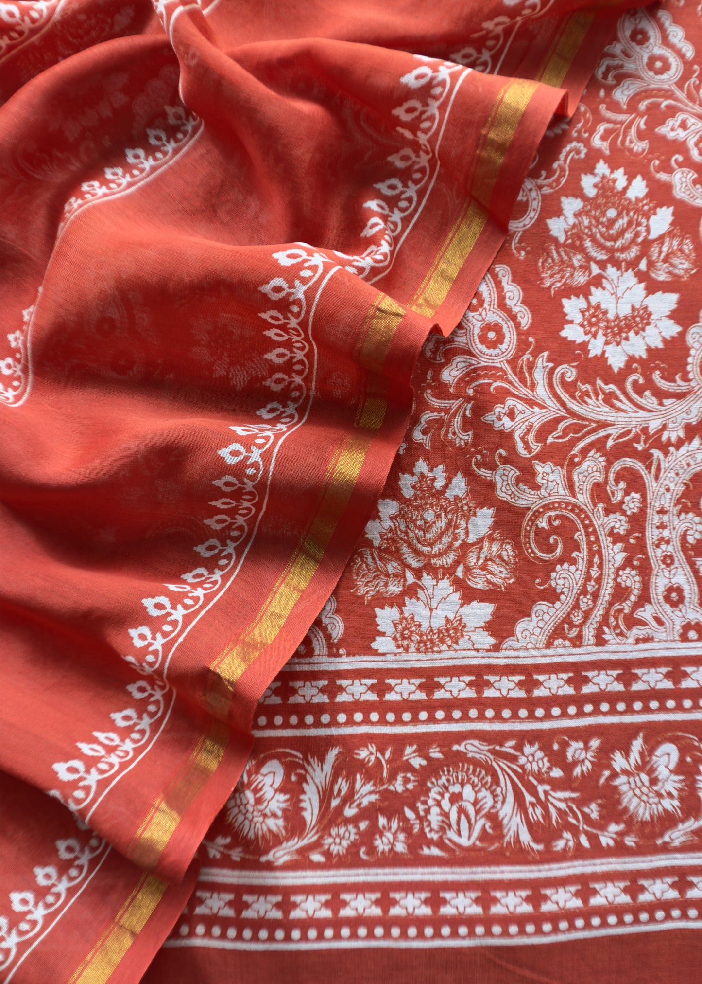 Orange Block Print Unstitched Suit In Pure Maheshwari Silk