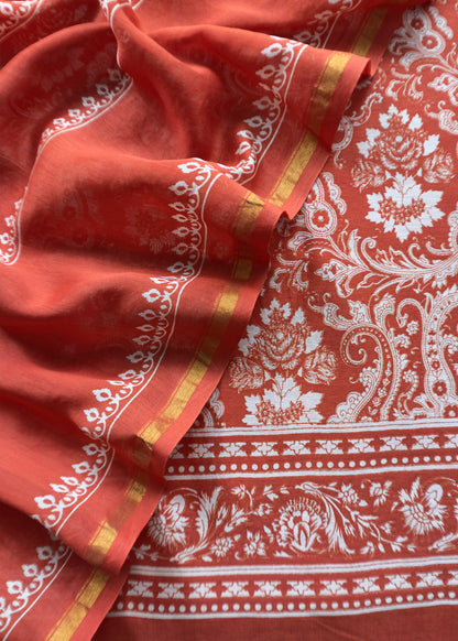 Orange Block Print Unstitched Suit In Pure Maheshwari Silk